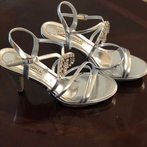 Metallic silver rhinestone strappy heels size 8.5